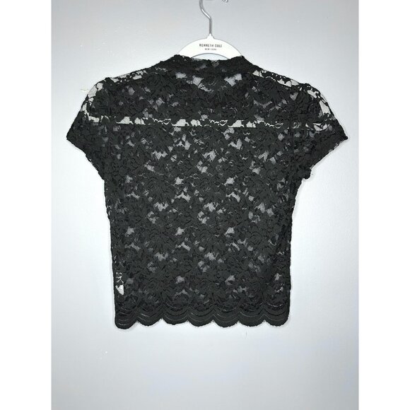 90's Ambiance Shirt Womens S Black Lace Sheer Cap Sleeve Scallop Hem Crop Top - Picture 11 of 14